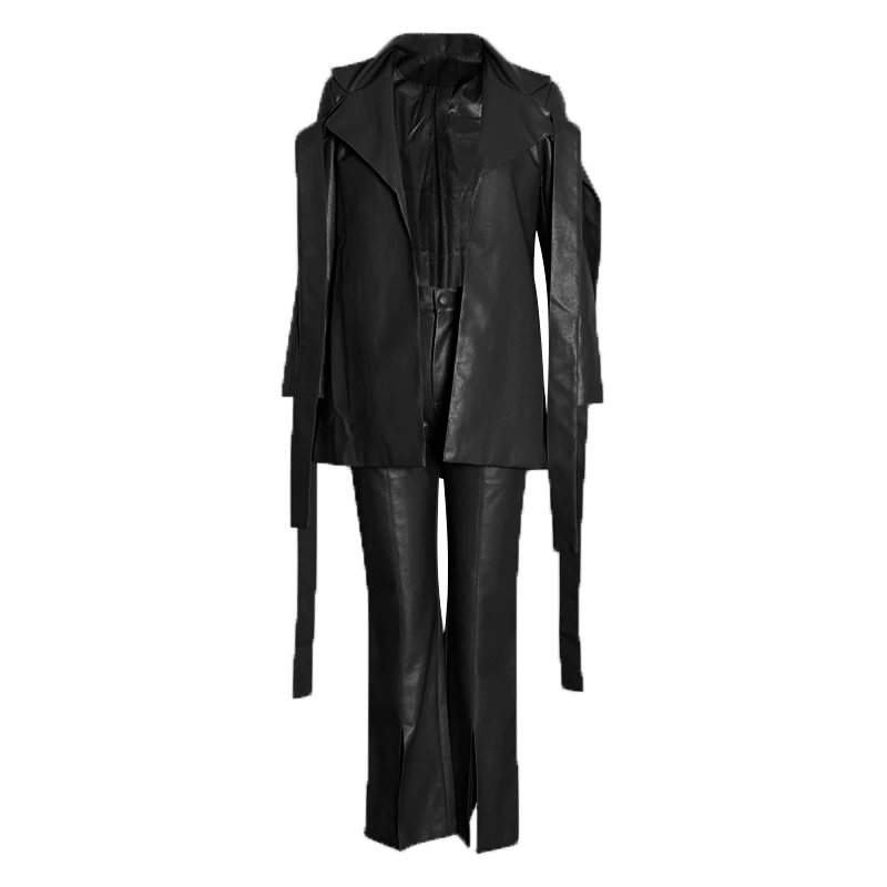 TWOTWINSTYLE Женский комплект из 2 предметов из искусственной кожи со шнуровкой, воротник с лацканами, длинные рукава, раздельные брюки, женский костюм,, осенняя мода, OL, новинка