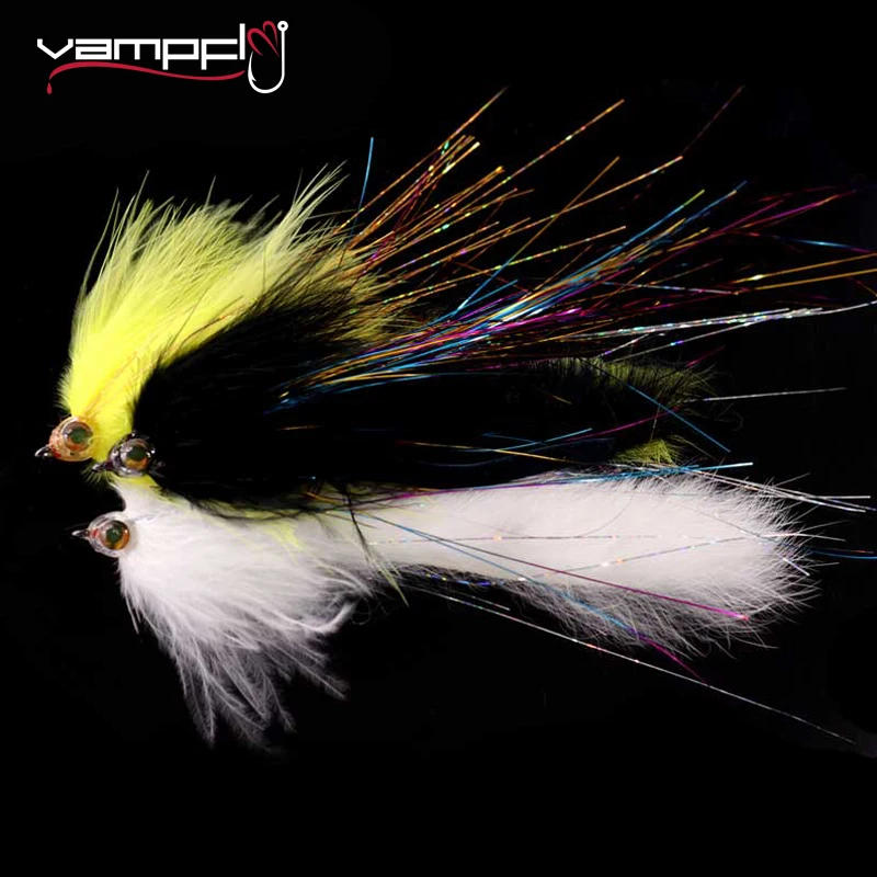 

Vampfly 3PCS 2/0 Big Bunny Tail Streamer Steelhead Fly Saltwater Fishing Lure Pike Musky Fishing Flies Black White Yellow