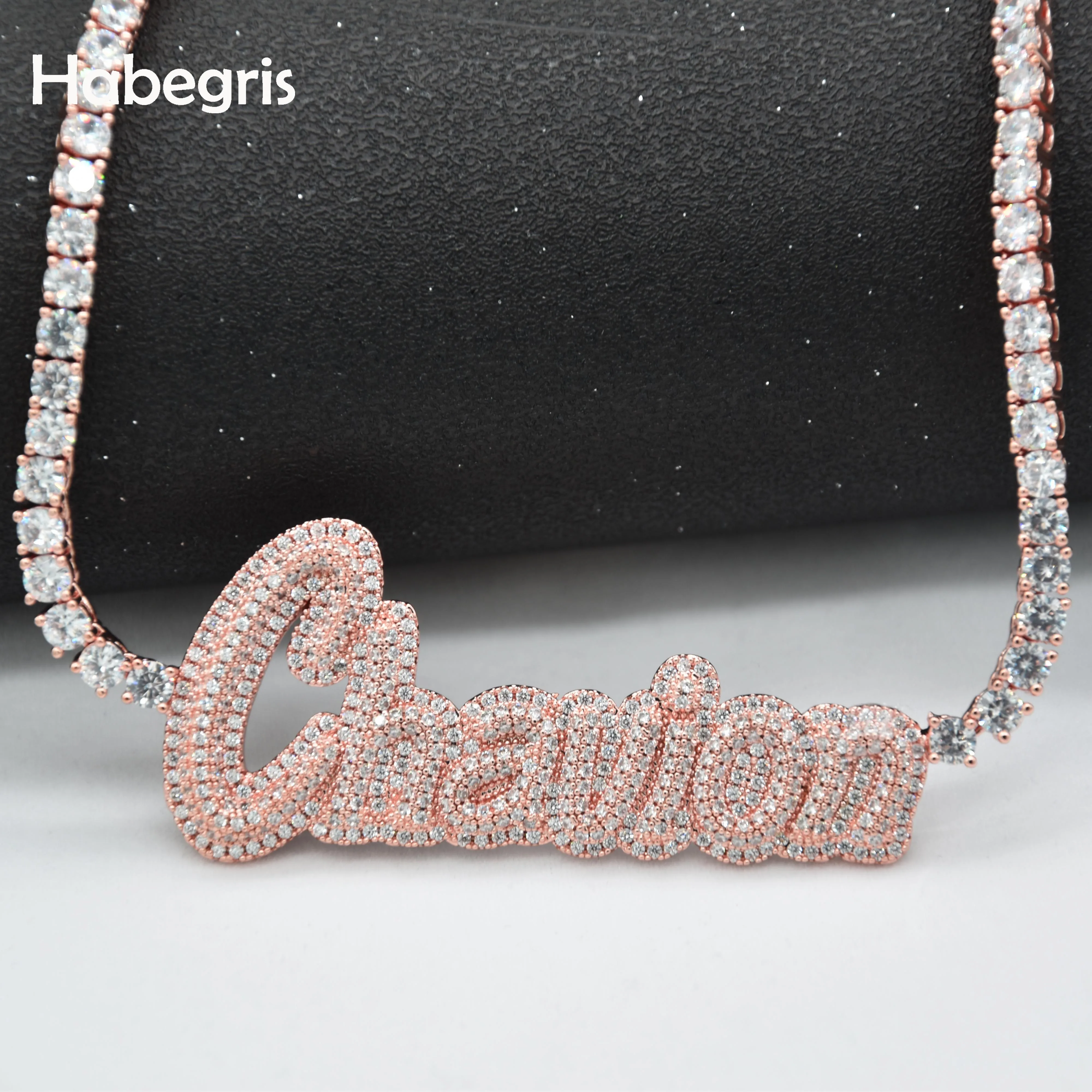 

Private Custom Name Cursive Letter Necklace Hip Hop Jewelry Solid Back Micro Pave CZ Stone With 4mm Tennis Chain