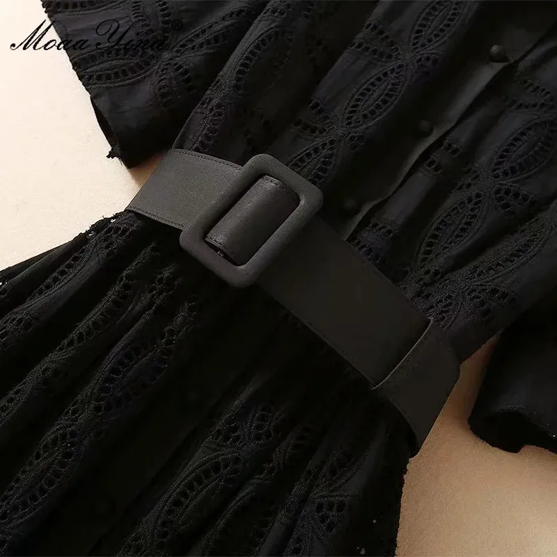 

MoaaYina Fashion Designer dress Summer Women's Dress Short sleeve Hollow Out Embroidery Belt Black Dresses