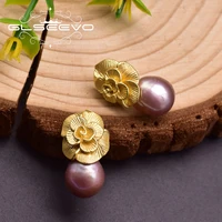 glseevo real natural purple pearl flower earring for wedding womens cute jewelry for girl 925 silver pin aretes de mujer ge0946