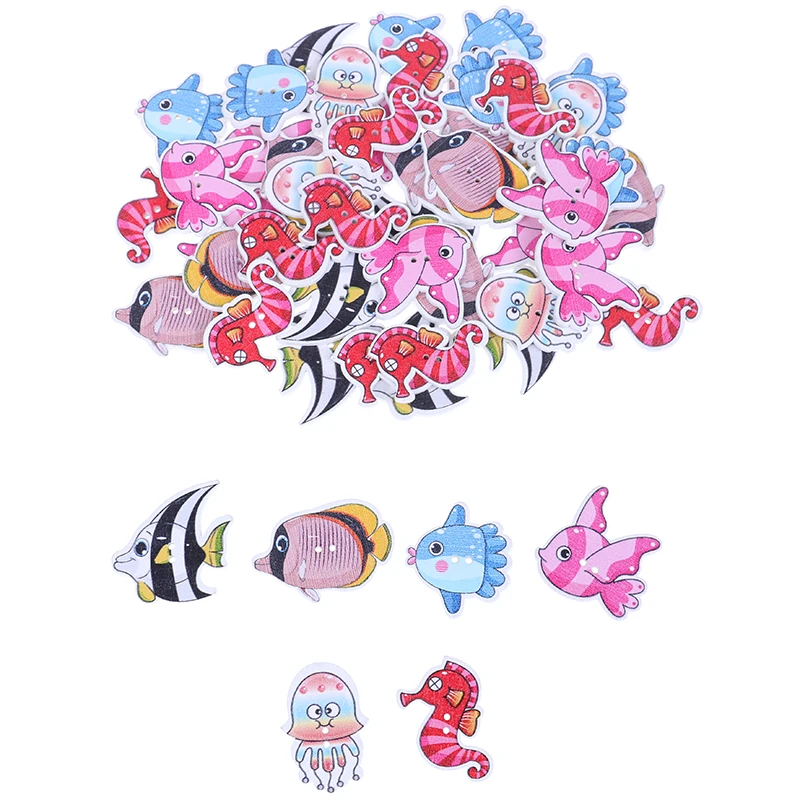 50pcs Mixed Animal Fish Wooden Buttons For Clothes Crafts Sewing Decorative Needlework Scrapbooking DIY Accessories | Дом и сад