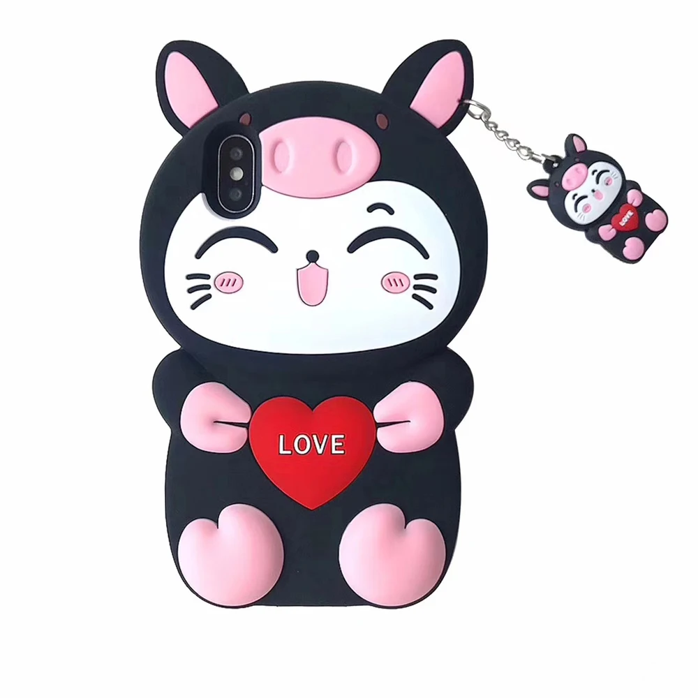 Для iPhone 5, 5S, 5C, SE, 6, 6s, 7, 8 Plus, X, XS, XR, XS Max, 3D, милый детский чехол для мобильного телефона с мультяшными животными, мягкий силиконовый чехол-накладка - Цвет: Black New Lucky Cat