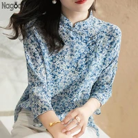 nagodo silk blouse women 2020 summer mandarin collar 34 sleeve chinese style tops print flower plus size shirt haut femme