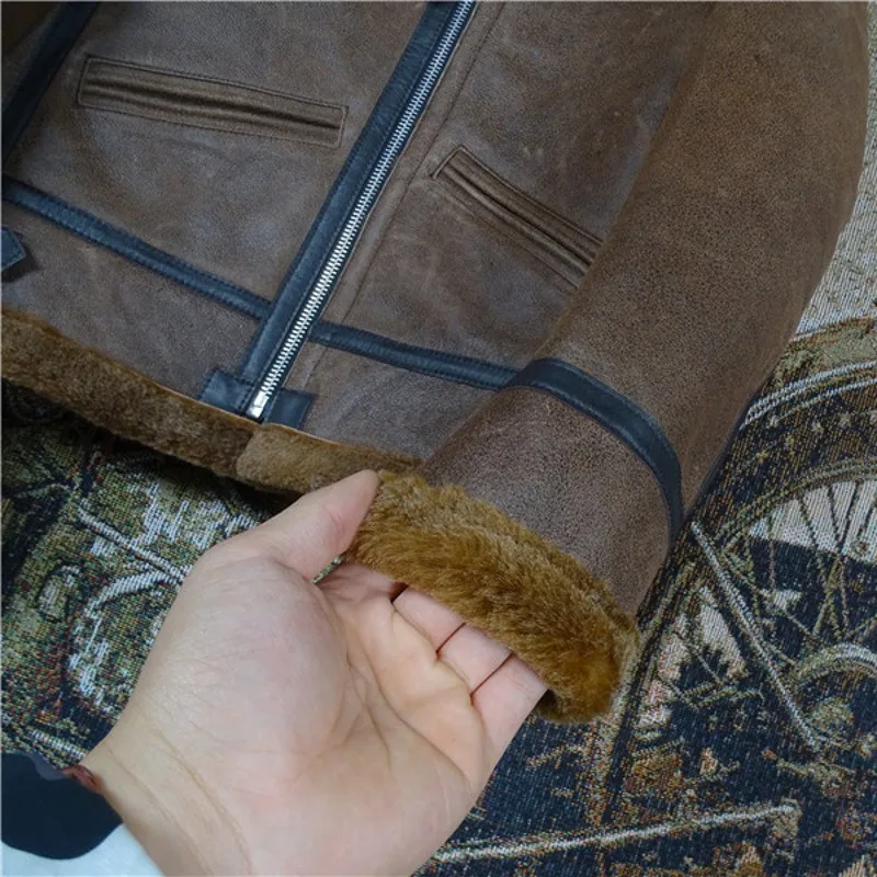 

Winter Natural Sheepskin Military Jacket Men Vintage Brown Warm Wool Liner Short Coat Business Casual Slim Outerwear Oversize