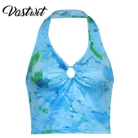 women printed halter sleeveless crop top streetwear clubwear v neck o ring camisole backless vest