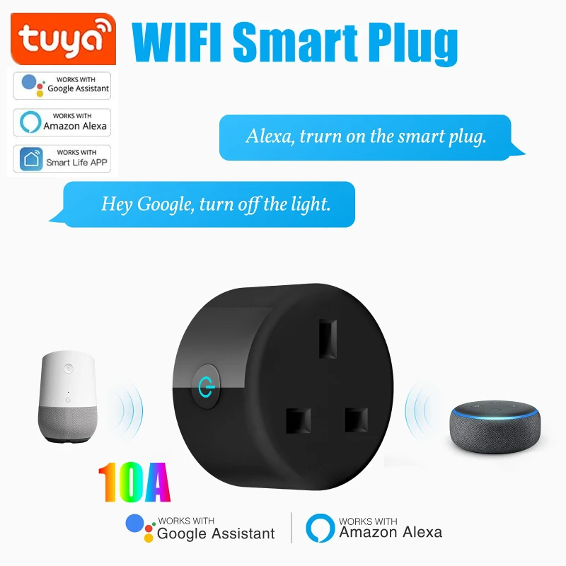 

10A TUYA Smart Plug WI-FI Timming Дистанционное Управление по приложение Smart Life Беспроводной разъем работать с Alexa Google Home UK Стандартный