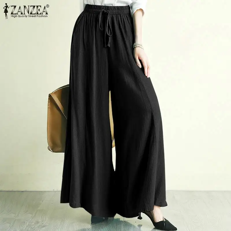 

ZANZEA Women Wide Leg Pants Summer Trousers Casual Elastic Waist Solid Long Palazzo Vintage Loose Cotton Pantalon