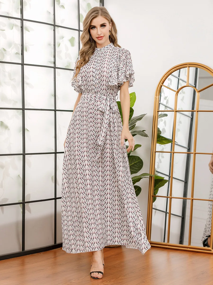 

New Summer Women Dress Muslim Elegant Print India Abayas Moroccan Kaftan Short Sleeve Turkey Islamic Clothing Vestidos jubah