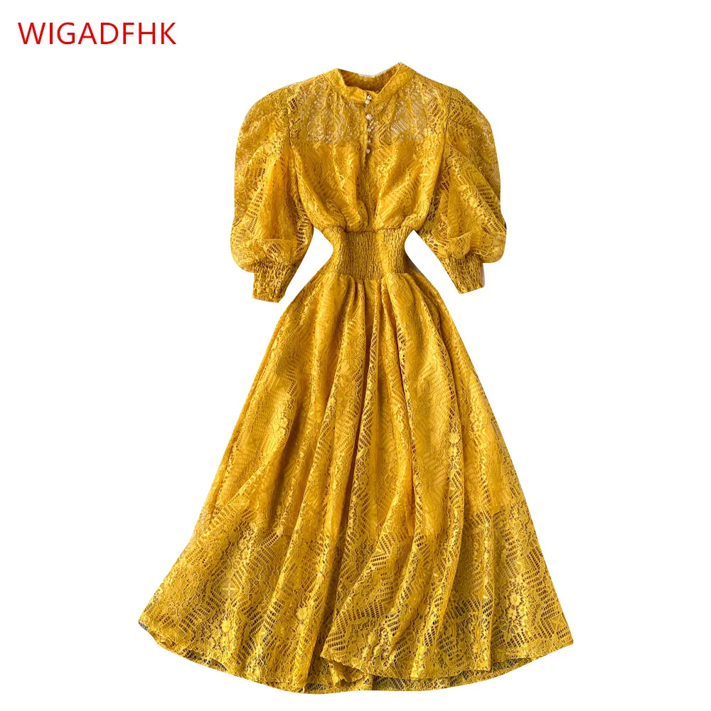 

WIGADFHK New Fashion Autumn Elegant Yellow Lace Hollow Dress Women's Puff Sleeve Stand Collar Party Over the Knee Dress Vestidos