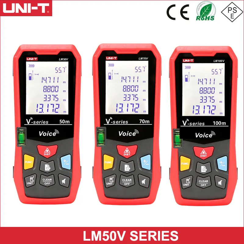 

UNI-T LM50V/LM70V/LM100V Laser Range Finder Electronic Ruler with Voice Broadcast Function USB Charging 2.0-inch Display