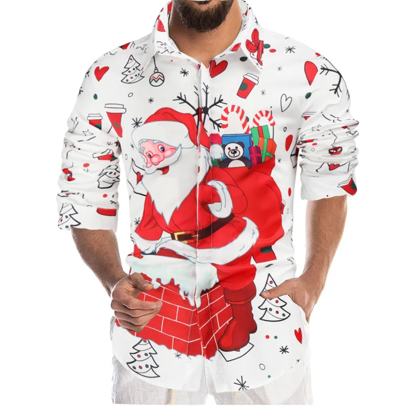 

New Trade Cross-border 2021 Autumn Men Santa Shirt 3D Digital Print Long-sleeved Christmas Tree Shirt Male