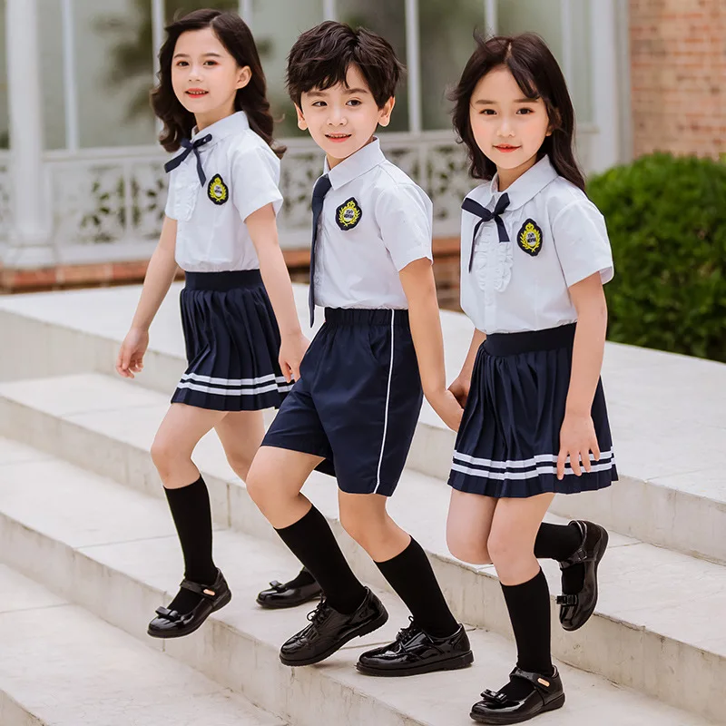 

Kid Korean Japanese School Uniform for Girls Boys White Shirt Top Navy Skirts Pleated Shorts Clothes Tie Set Student Outfit Suit