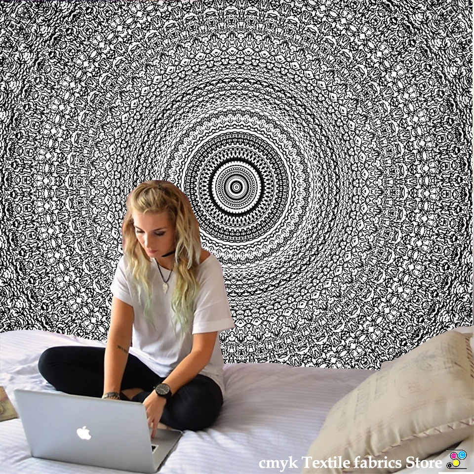 Индийский гобелен с черной мандалой настенное богемное пляжное полотенце