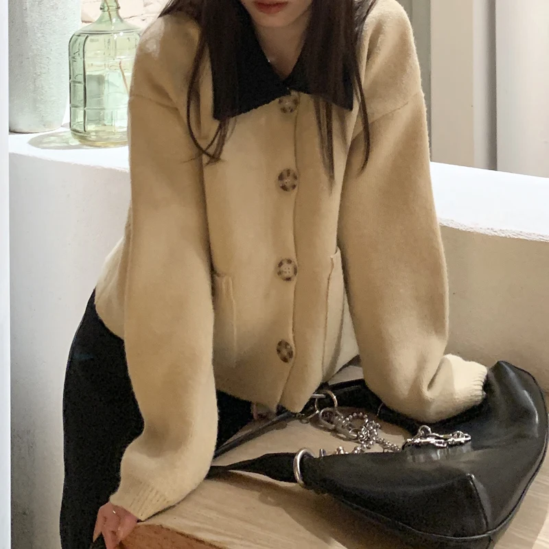 

2020 spring and autumn preppy style loose sweater womens turn down collar vintage knitted sweater cardigans womens (C9889)