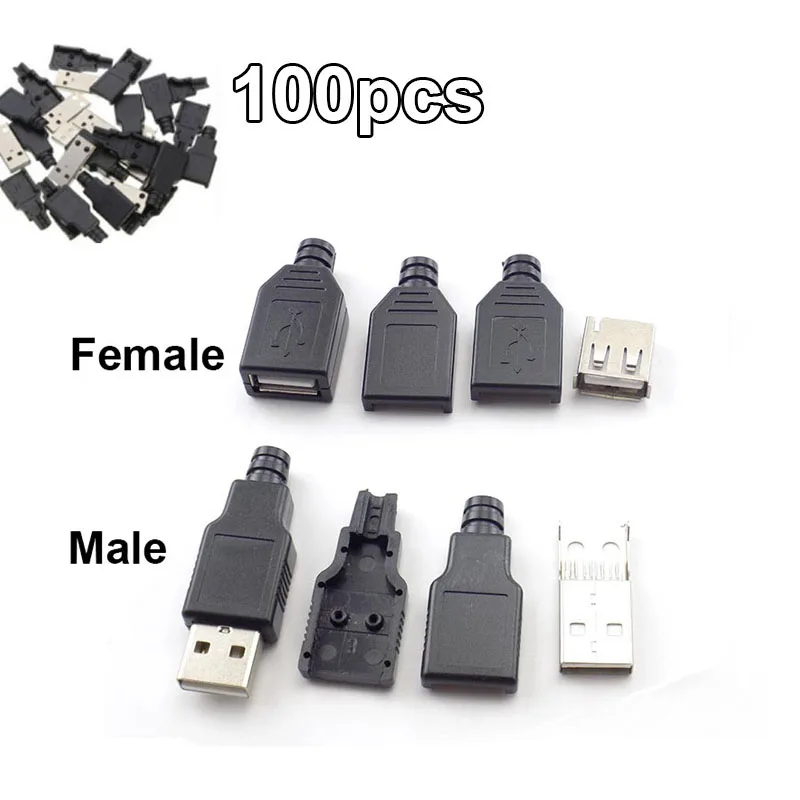100 шт. тип A штекер Женский USB 4-контактный разъем с черной пластиковой крышкой Type-A