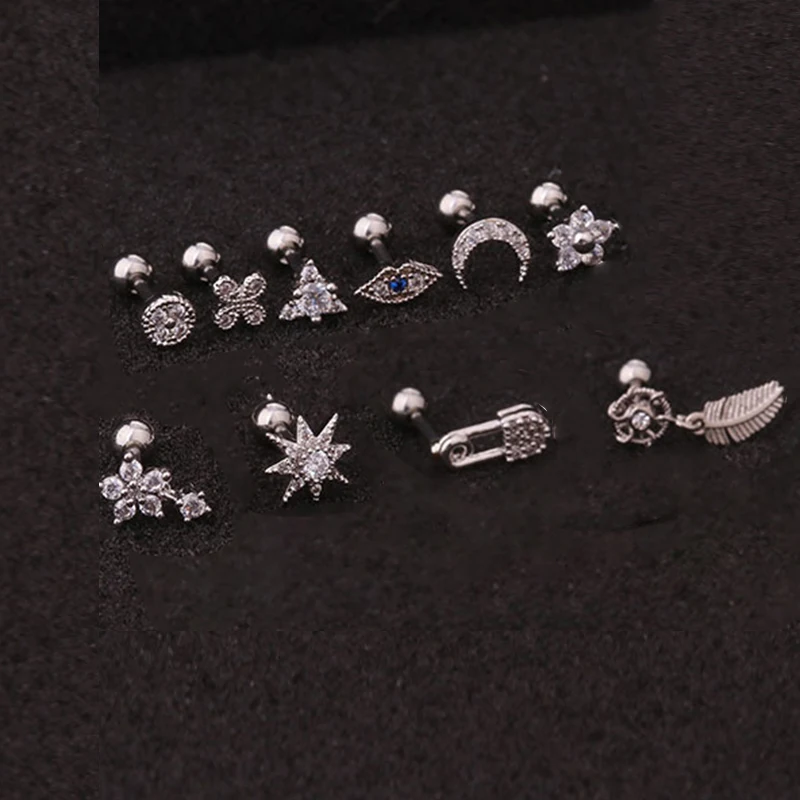 Cartilage Stud Moon Star Heart Cross Flower Crown Helix Tragus Piercings Conch Rook Earring Piercing Jewelry | Украшения и