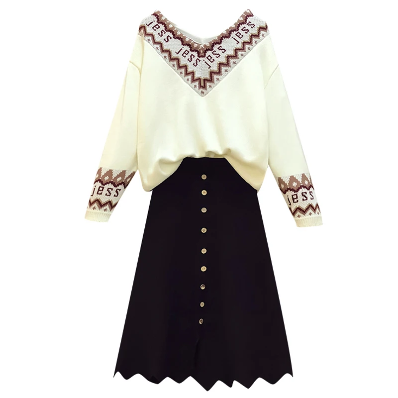Elegant Plus Size Dress Sets Women V-neck Printed Sweater Top Button Elastic Waist Irregular Hem Skirt 2pcs Suit Winter Outfits