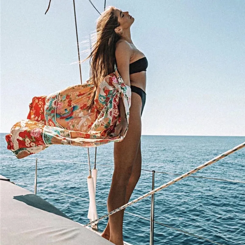 Пляжная накидка туники для пляжа с принтом шифон длинный кафтан бикини халат de