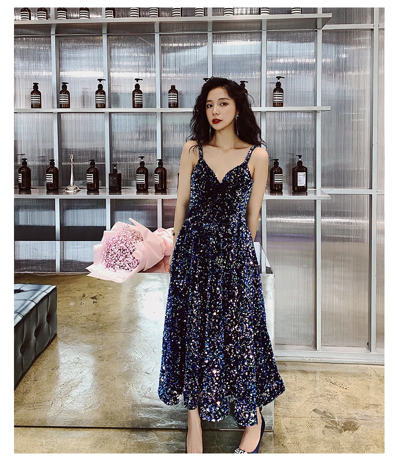 AE552 Prom Dresses Long New V-Neck Sleeveless A-line Sequined Wedding Guest Gowns Vestido De Gala