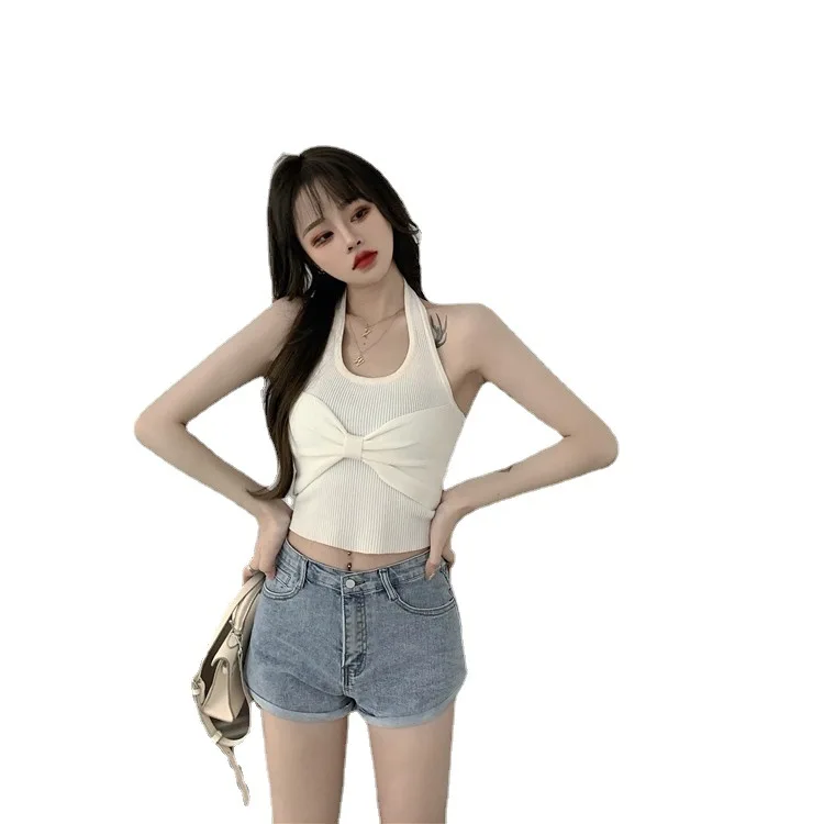 

2021 summer new hooded knitted cardigan Top + bow Vest + high waist thin denim shorts