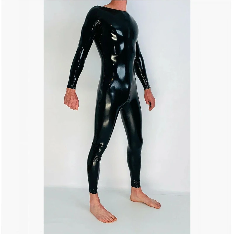 

Handmade Black Men's Neck Entry Latex Catsuit with Crotch Zipper Rubber Gummi Bodysuit