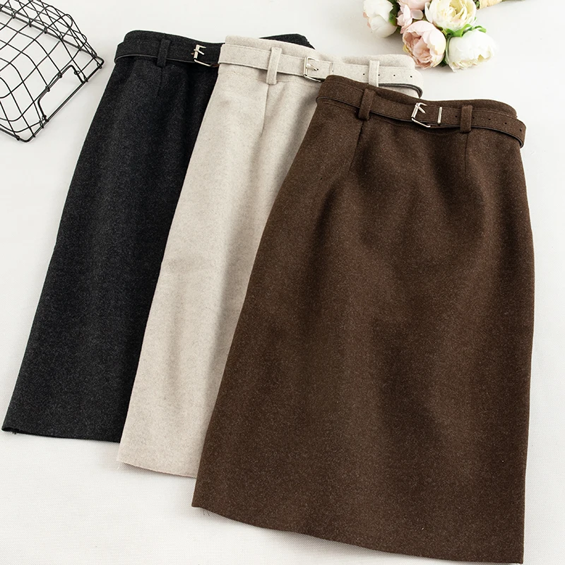 SINGRAIN Женская шерстяная юбка Осень зима с поясом большой размер миди длинные юбки