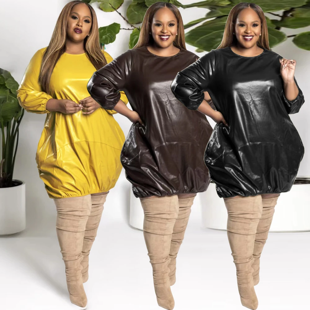 Plus Size Outfits Women Crewneck Long Sleeve Dress Leather Streetwear