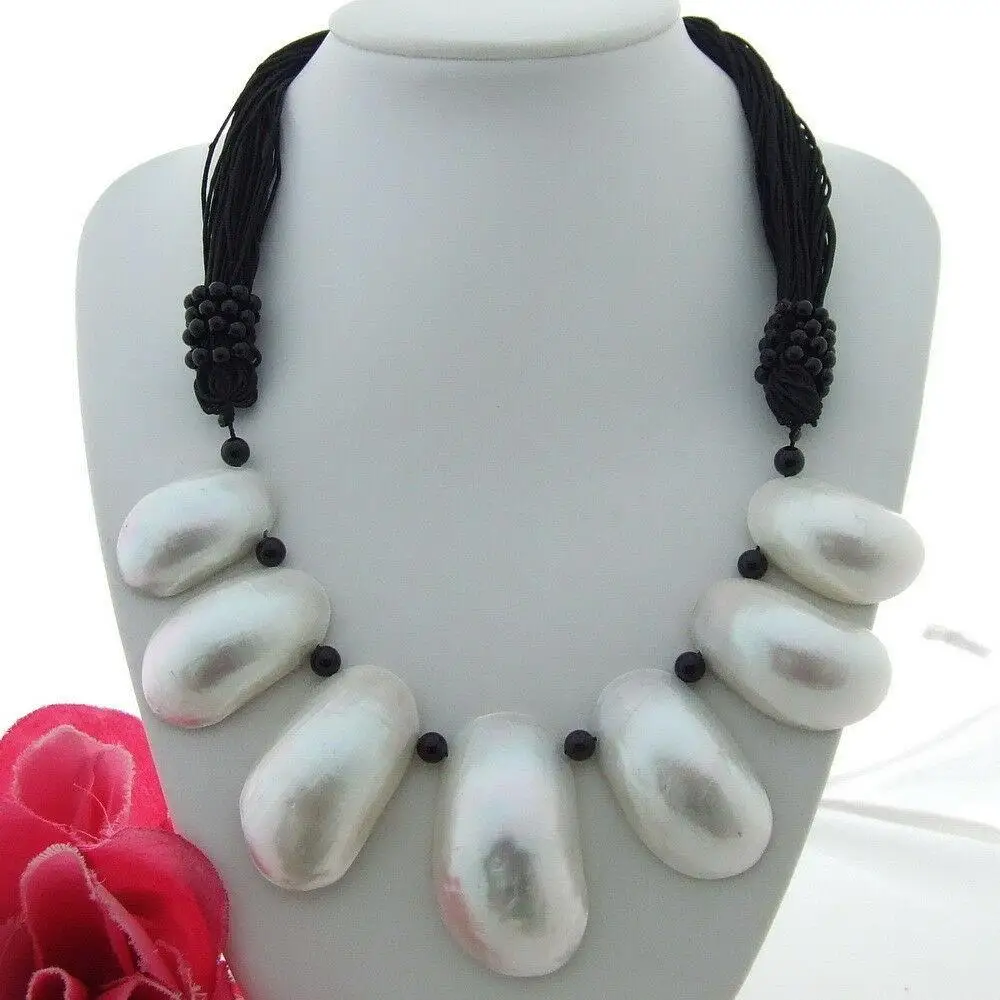 

20" 22x37MM White Shell Black Onyx cord choker Necklace