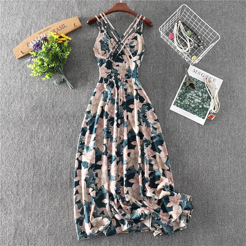 Женское летнее платье с цветочным принтом сексуальное длинное V образным вырезом