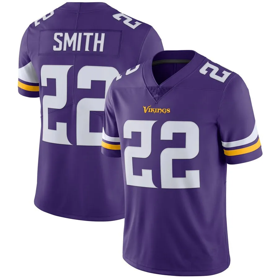 

Bilok Embroidery American Rugby Jersey 22# Smith Fans Wear Men Women Kid Youth Purple Minnesota Vikings Football Jersey Shirt