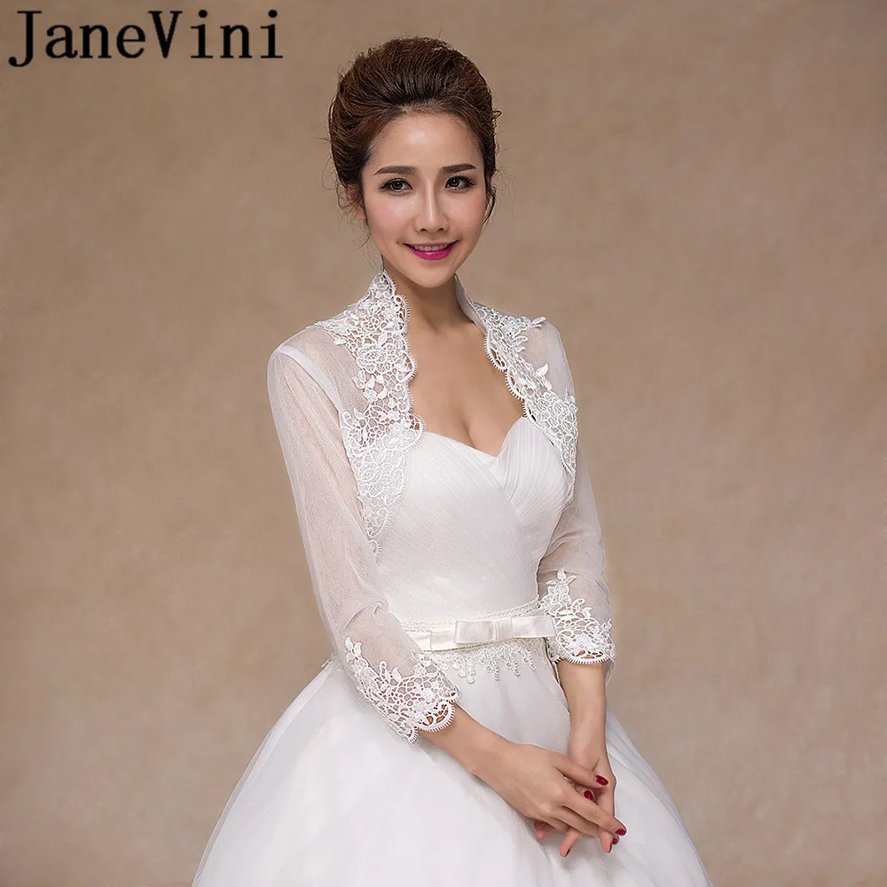 JaneVini 3/4, длинный рукав, Женская куртка, Кружевная аппликация, свадебное пальто, белая прозрачная Свадебная накидка для невесты, шаль, болеро, накидка-палантин