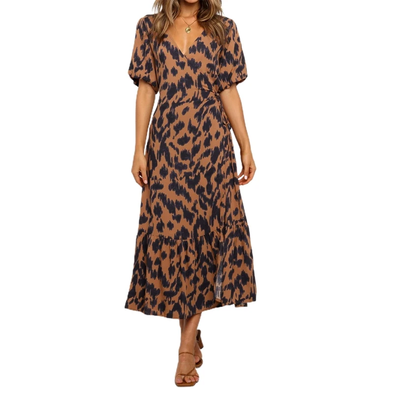 

Leopard Summer Dress Women's V-Neck High Split Casual Dress Short Sleeve High Waist Leopard Printed Maxi Sundress