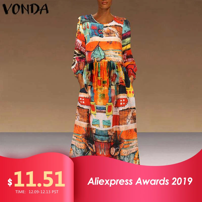 VONDA 2019 летнее платье макси с принтом женский сарафан винтажный стиль круглый