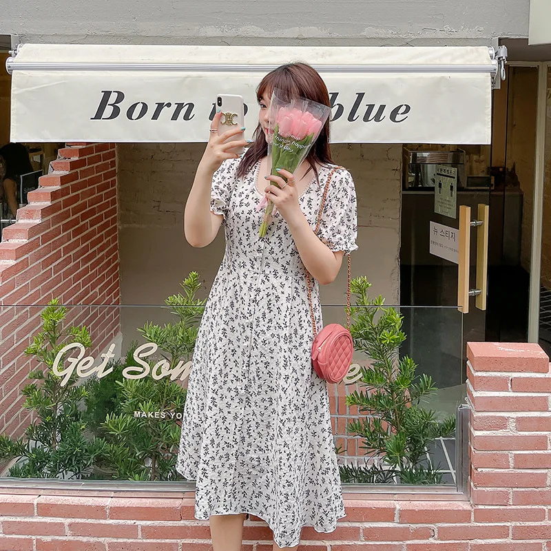 

Женское летнее платье с квадратным вырезом, шифоновое платье с пышными рукавами и жемчугом размера плюс, повседневная одежда длиной до сере...