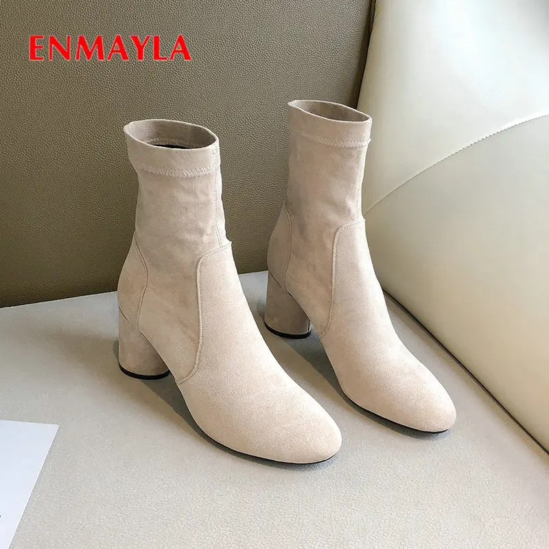 

Женские сапоги из искусственной замши ENMAYLA, зимние сапоги с круглым носком, до середины икры, из эластичной ткани, на квадратном каблуке, 2019