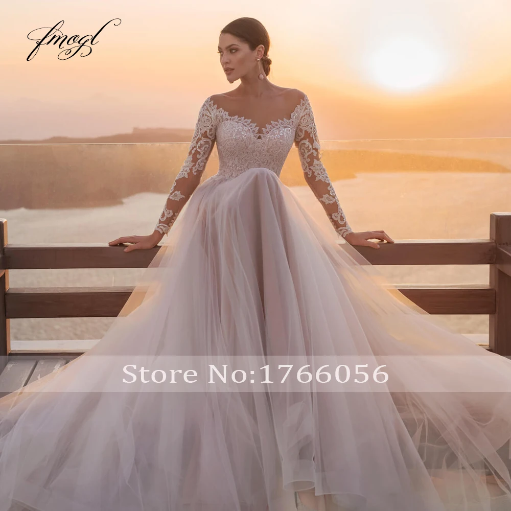 summer wedding guest dress Fmogl Sexy Illusion Long Sleeve Lace Princess Wedding Dresses 2022 Luxury Scoop Appliques Button Court Train A Line Bride Gown affordable wedding dresses