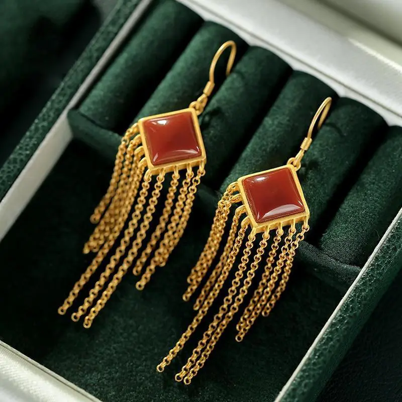 

Natural South Red chalcedony geometric Tassel Earrings Chinese style retro court style elegant unique craft women's jewelry