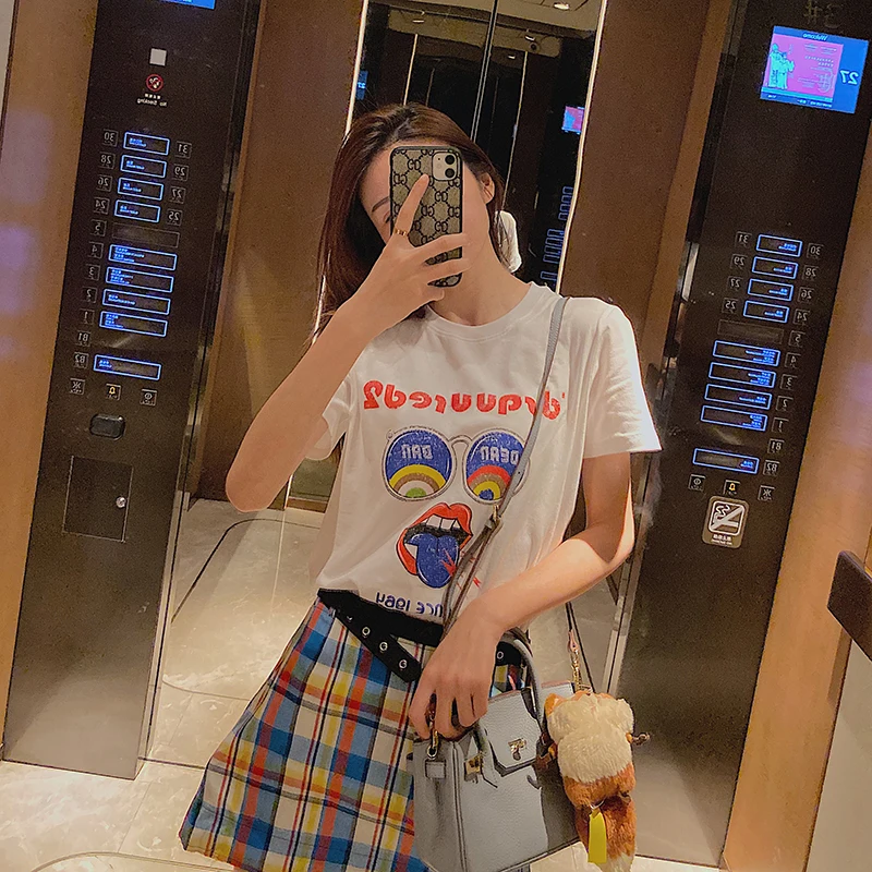 

New large glasses cartoon printing han edition white T shirt female loose cotton round collar render unlined upper garment
