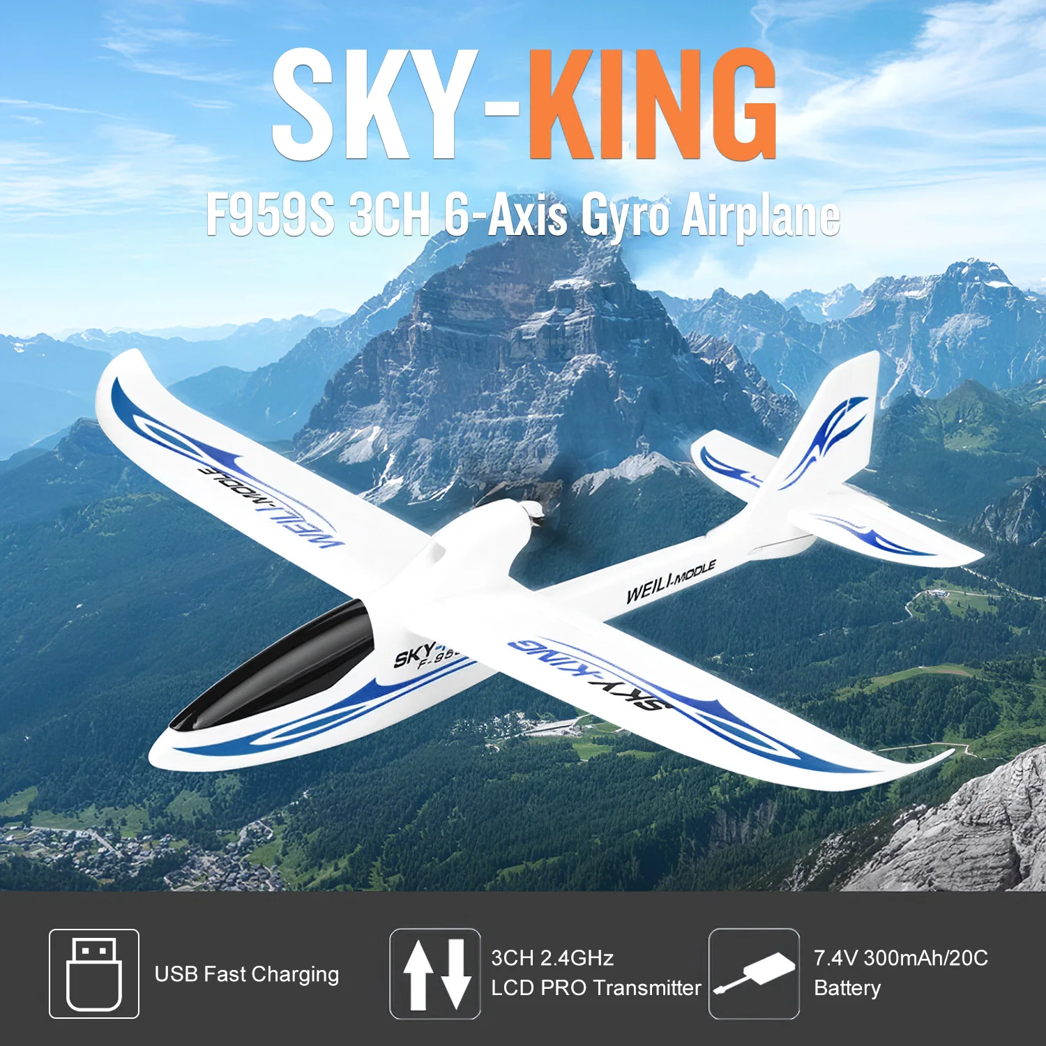 Квадрокоптер WLtoys F959S Радиоуправляемый с фиксированным крыльем SKY King 2 4G 3CH 6 осевой