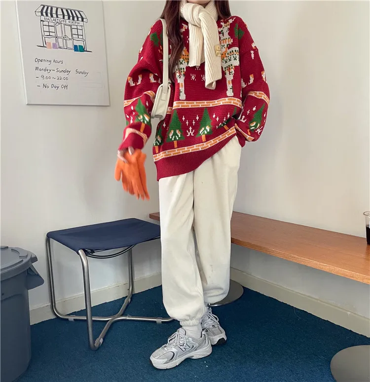 

2020 Autumn Winter Thick Warm Clothing New Elk Red Christmas Sweater Women Loose Outer Wear Hedging Net Red Sweater Knitted Top