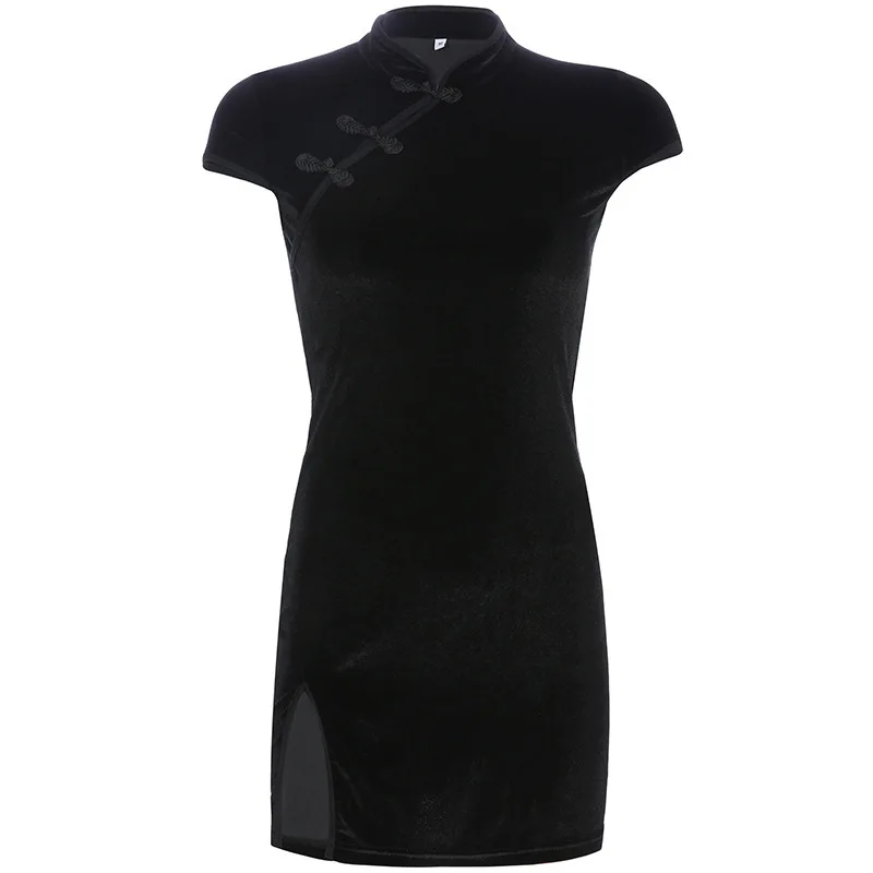 

Diablo Girl Style Vintage Modified Velvet Cheongsam Buckle Dress Short Sleeve Hem Split Punk Velvet Chinese Sexy Slimming Dress