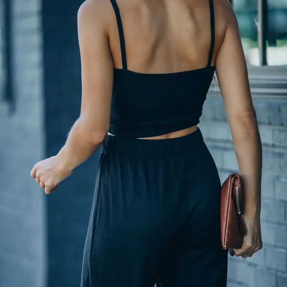 

New Arrival!!! 2Pcs/Set Blouse Strap Design Confortable Solid Color Women Crop Tops Pants Suit for Summer