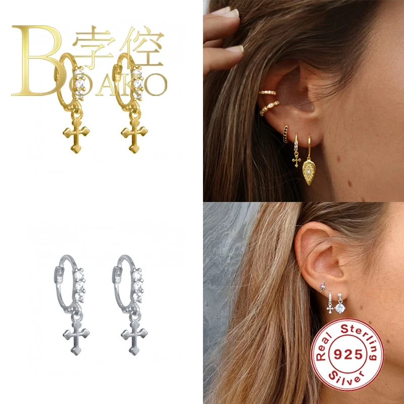 

BOAKO Cross Earrings For Women 925 Sterling Silver Earrings Dangle Piercing Jewelry Ear Cuff Aretes De Mujer Bijoux #9.9
