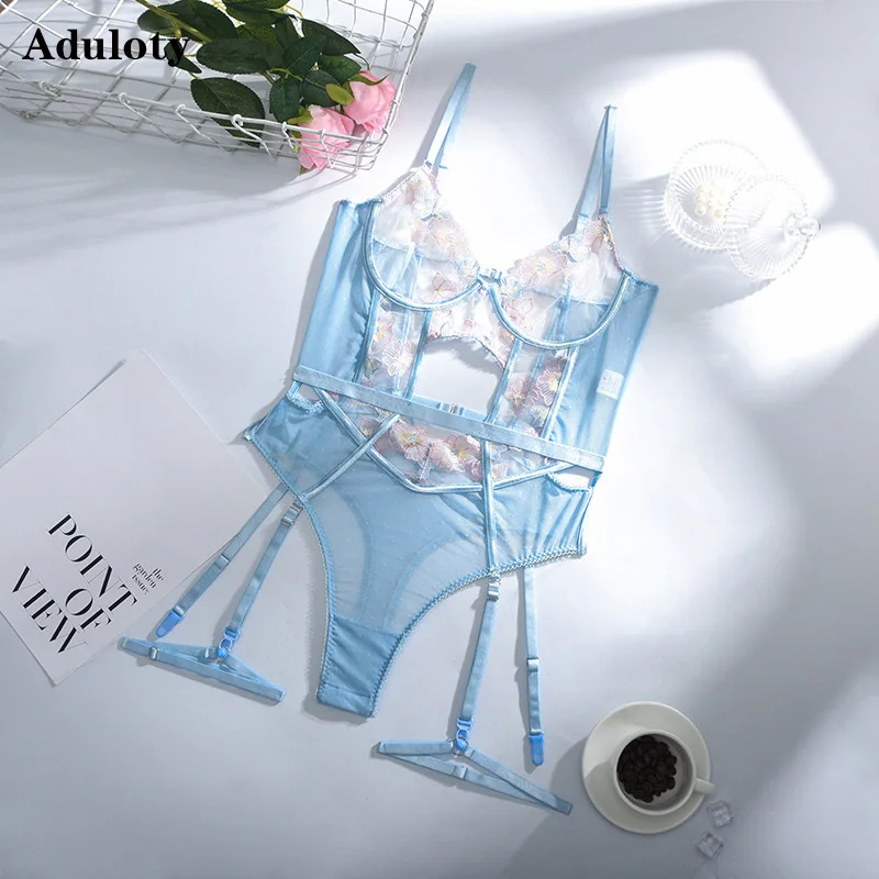 

Aduloty Women's Teddy Bodysiut Lace Embroidered Sexy Lingerie Thin Bra Mesh Hollow Perspective Erotic Underwear Garter Set