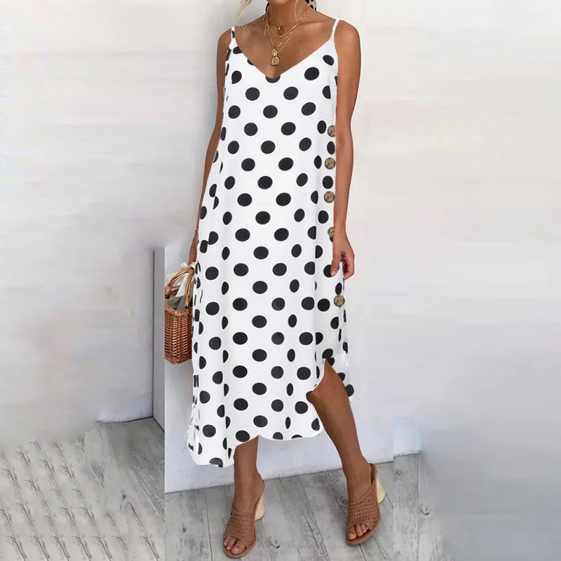 Polka Dot White Женский сарафан, сексуальное летнее пляжное платье на бретельках,, повседневное свободное асимметричное платье на пуговицах размера плюс, Vestidos - Цвет: Polka Dot White