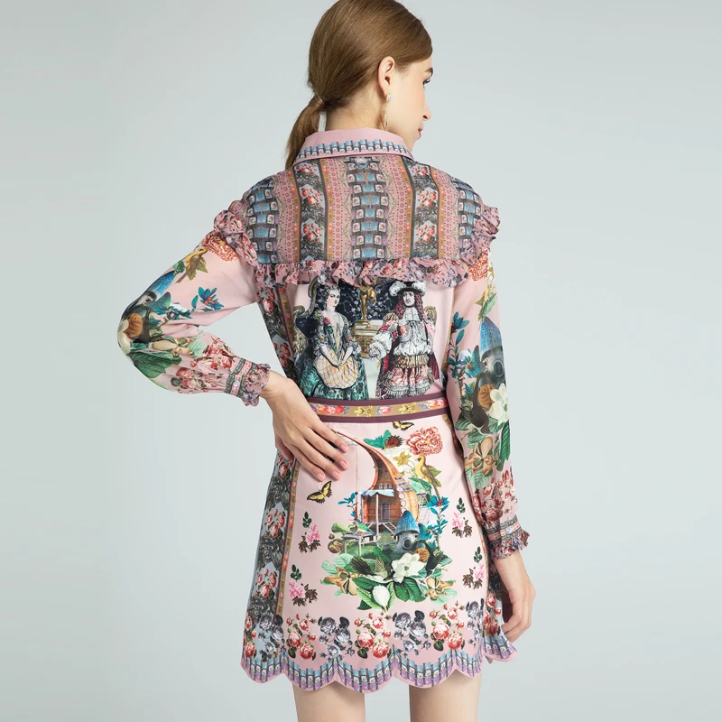 

2021 SPRING RUFFLE PRINT LONG SLEEVE BLOUSE & SKIRT SET