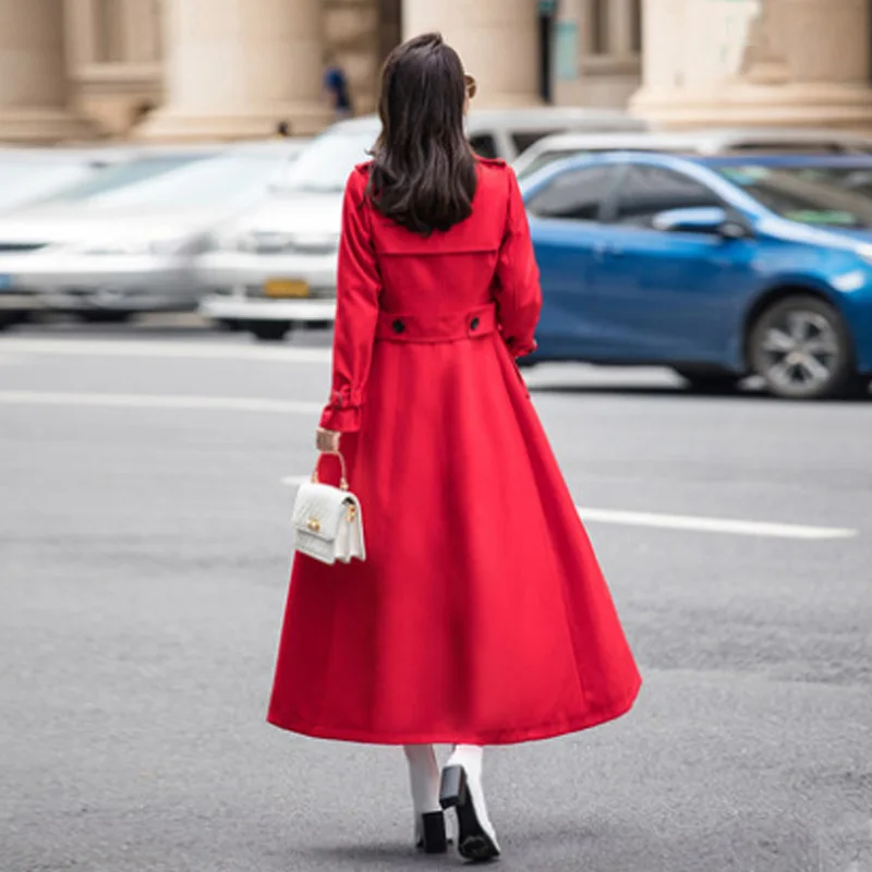 

XUXI Autumn Winter 2020 Women Windbreaker Fashion Long Sleeve Draw Back Over The Knee Slim Coat Korean Double Breasted FZ3188
