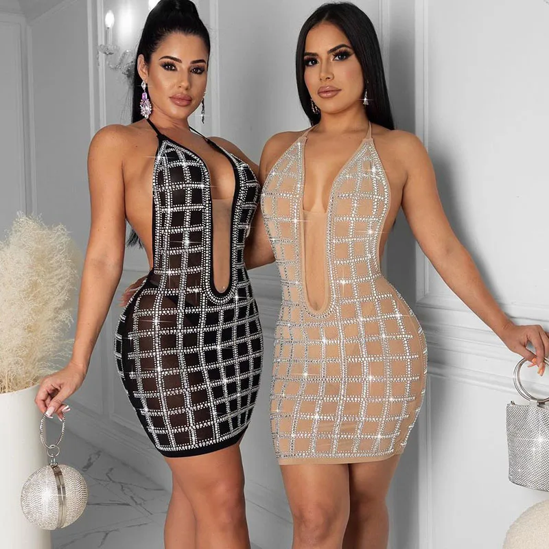 Блестящее облегающее платье стразы с открытой спиной женское элегантное для