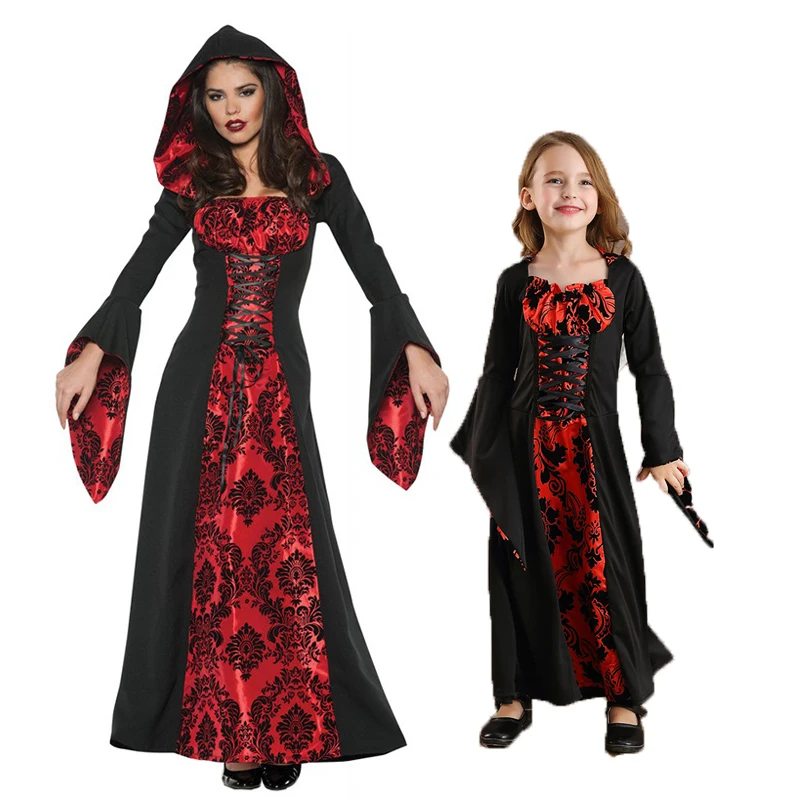 

Witch Cosplay Dress Medieval Mgician Vampire Halloween Costumes For Woman Girl Family Outfit Vintage Gothic Style Carnival Party